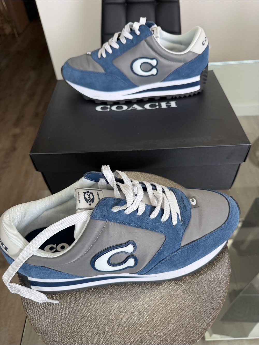 Coach Men's Blue and Gray C Logo Retro Runner Sneakers - Picture 1 of 4